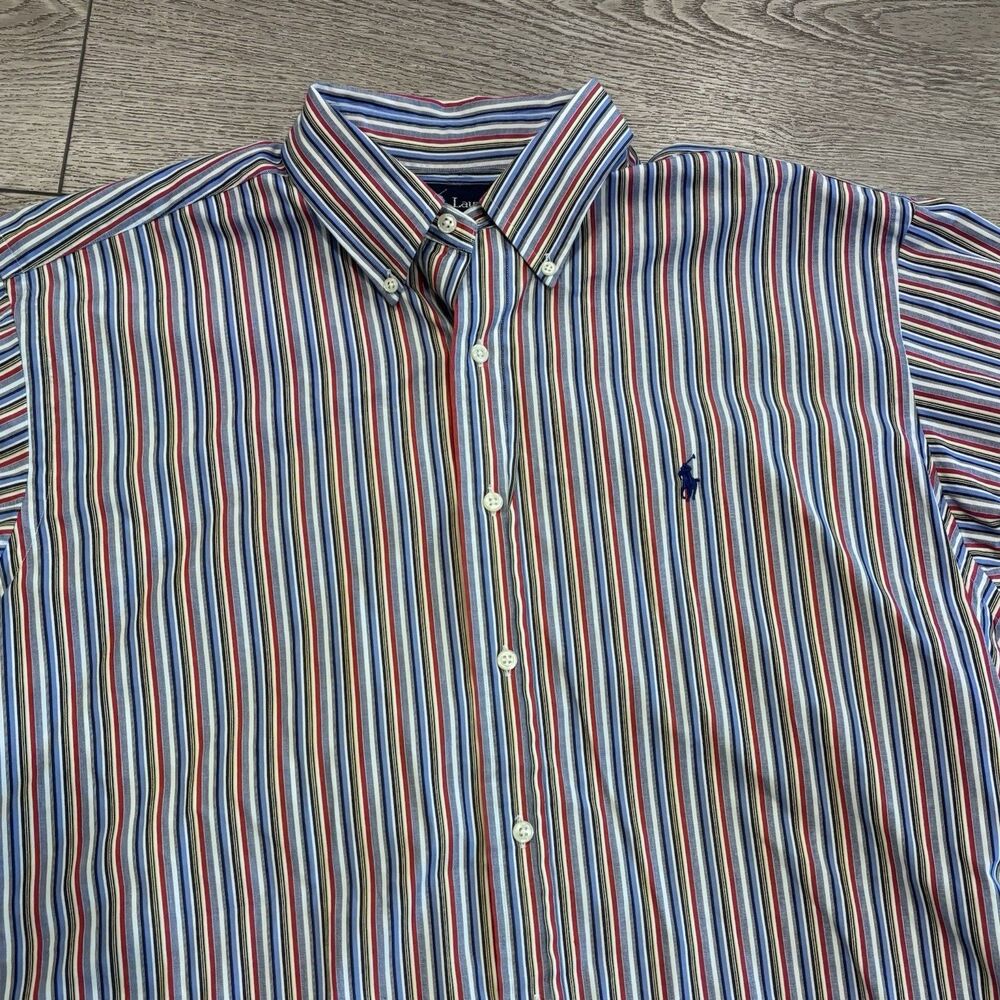 Vintage Ralph Lauren Shirt Mens XL 17 Multicolor Vertical‎ Classic Fit Pony 90s